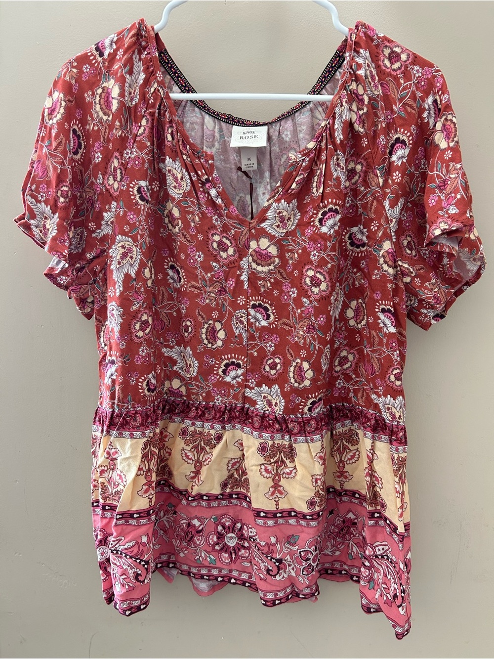 Knox Rose Rust Pink Paisley Tie-Front Peasant Tunic